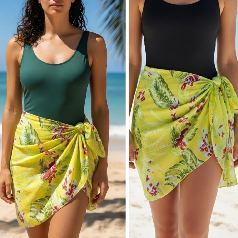 New! Beaches & Boho Tropical Hibiscus Floral Lime Green Sheer Sarong Coverup